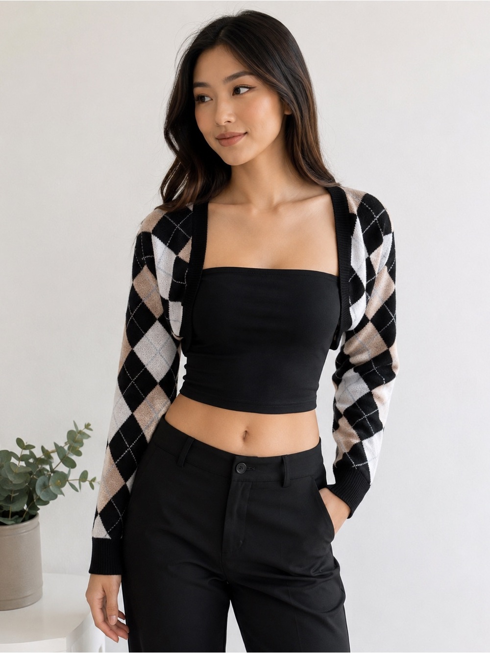 SHEIN Black & White Argyle Cropped Shrug Cardigan Small